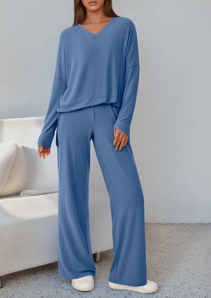 Osonn 2 Piece Lounge Sets for Women Fall Outfits Casual Loose Long Sleeve Tops Wide Leg Pants Matching Pajama Set