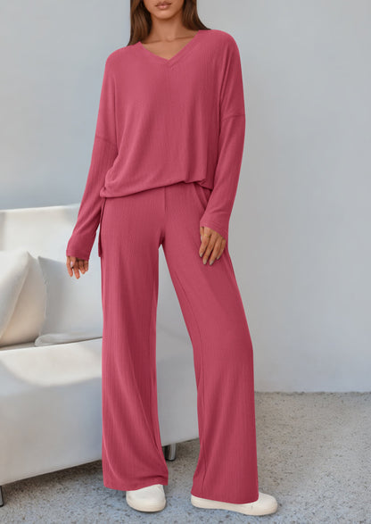 Osonn 2 Piece Lounge Sets for Women Fall Outfits Casual Loose Long Sleeve Tops Wide Leg Pants Matching Pajama Set