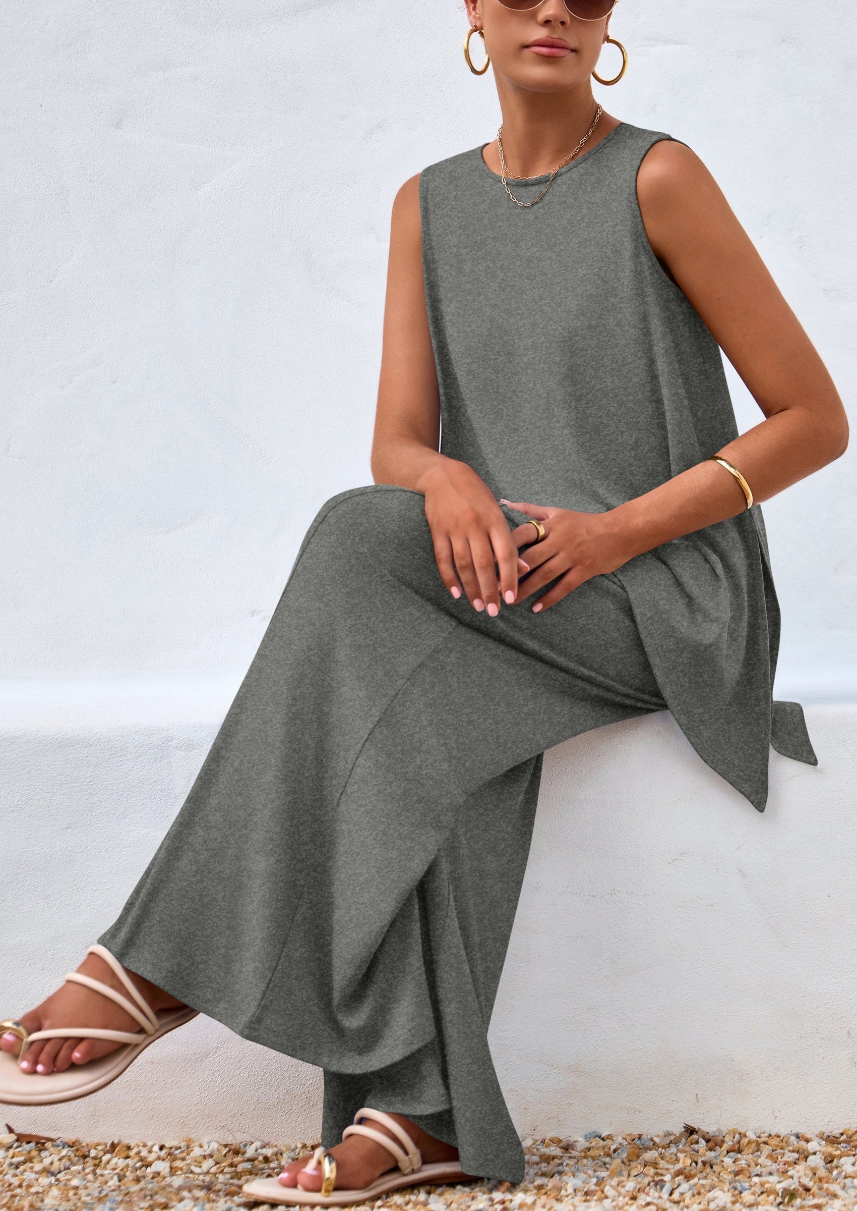 Osonn Women's Two Piece Matching Lounge Sets Asymmetrical Split Tank Tops Wide Leg Pants Summer Outfits Tracksuit