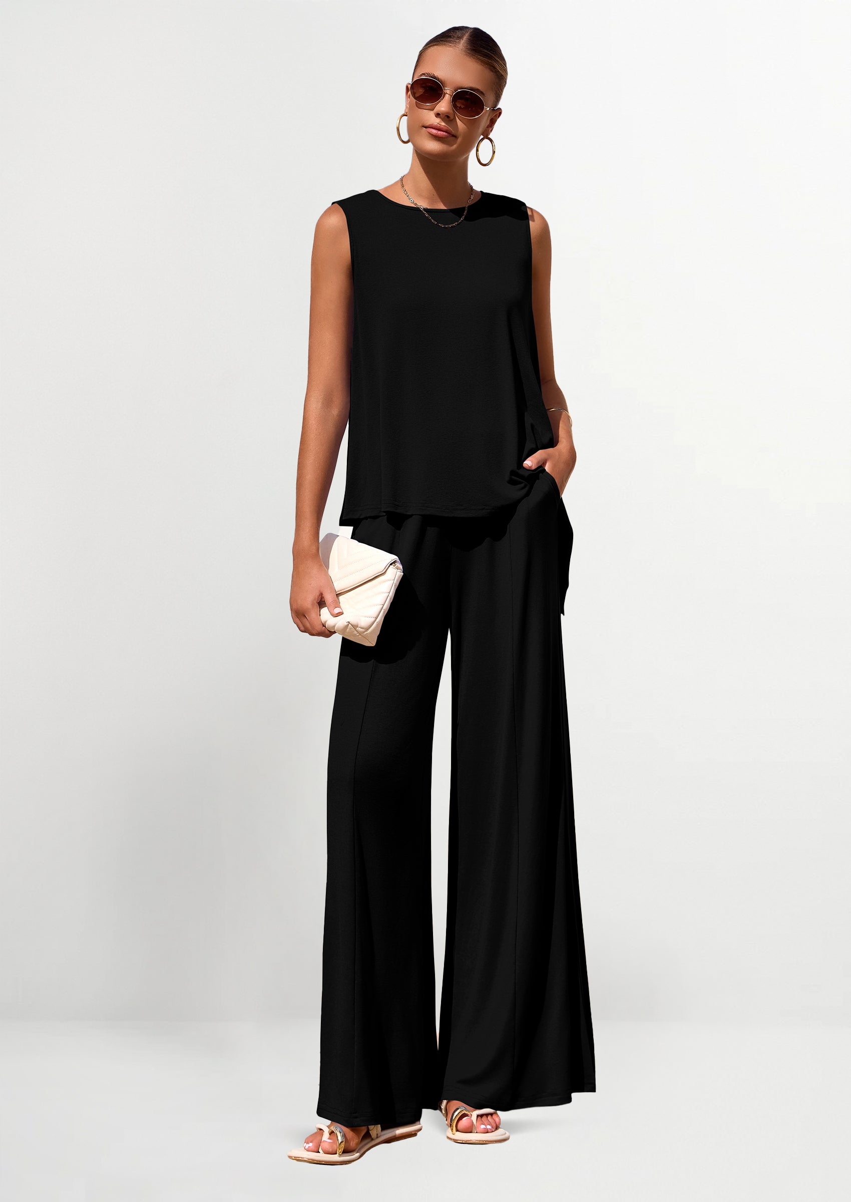 Osonn Women's Two Piece Matching Lounge Sets Asymmetrical Split Tank Tops Wide Leg Pants Summer Outfits Tracksuit