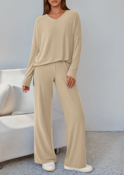 Osonn 2 Piece Lounge Sets for Women Fall Outfits Casual Loose Long Sleeve Tops Wide Leg Pants Matching Pajama Set