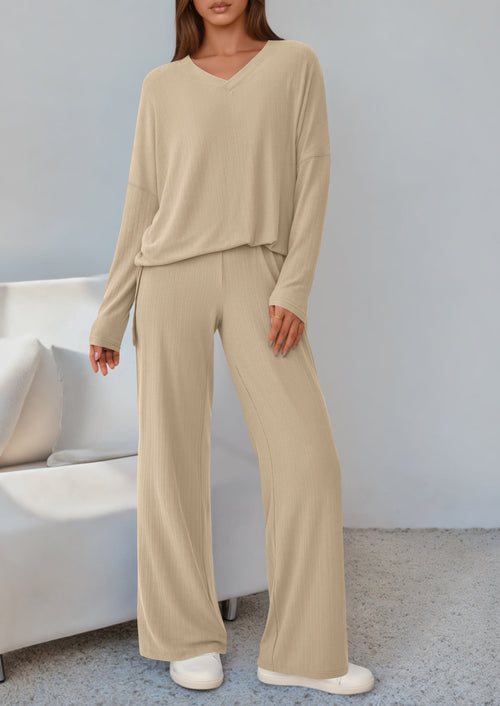 Osonn 2 Piece Lounge Sets for Women Fall Outfits Casual Loose Long Sleeve Tops Wide Leg Pants Matching Pajama Set