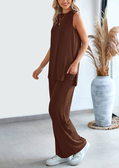 Osonn 2 Piece Set Loose Tank Top Wide Leg Pants Casual Matching Outfits Tracksuit