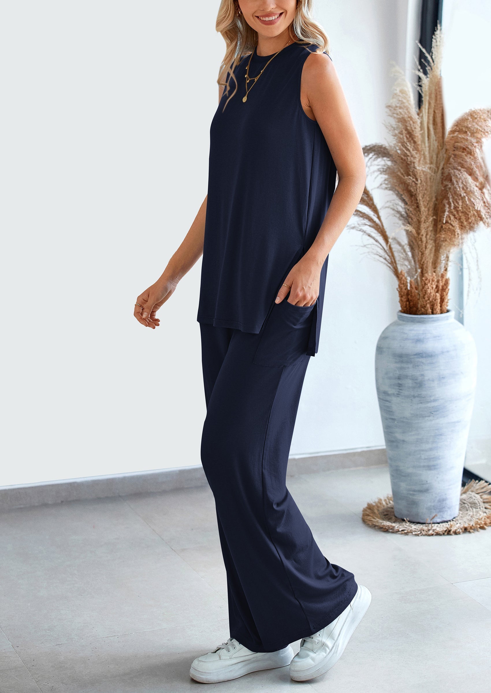Osonn 2 Piece Set Loose Tank Top Wide Leg Pants Casual Matching Outfits Tracksuit