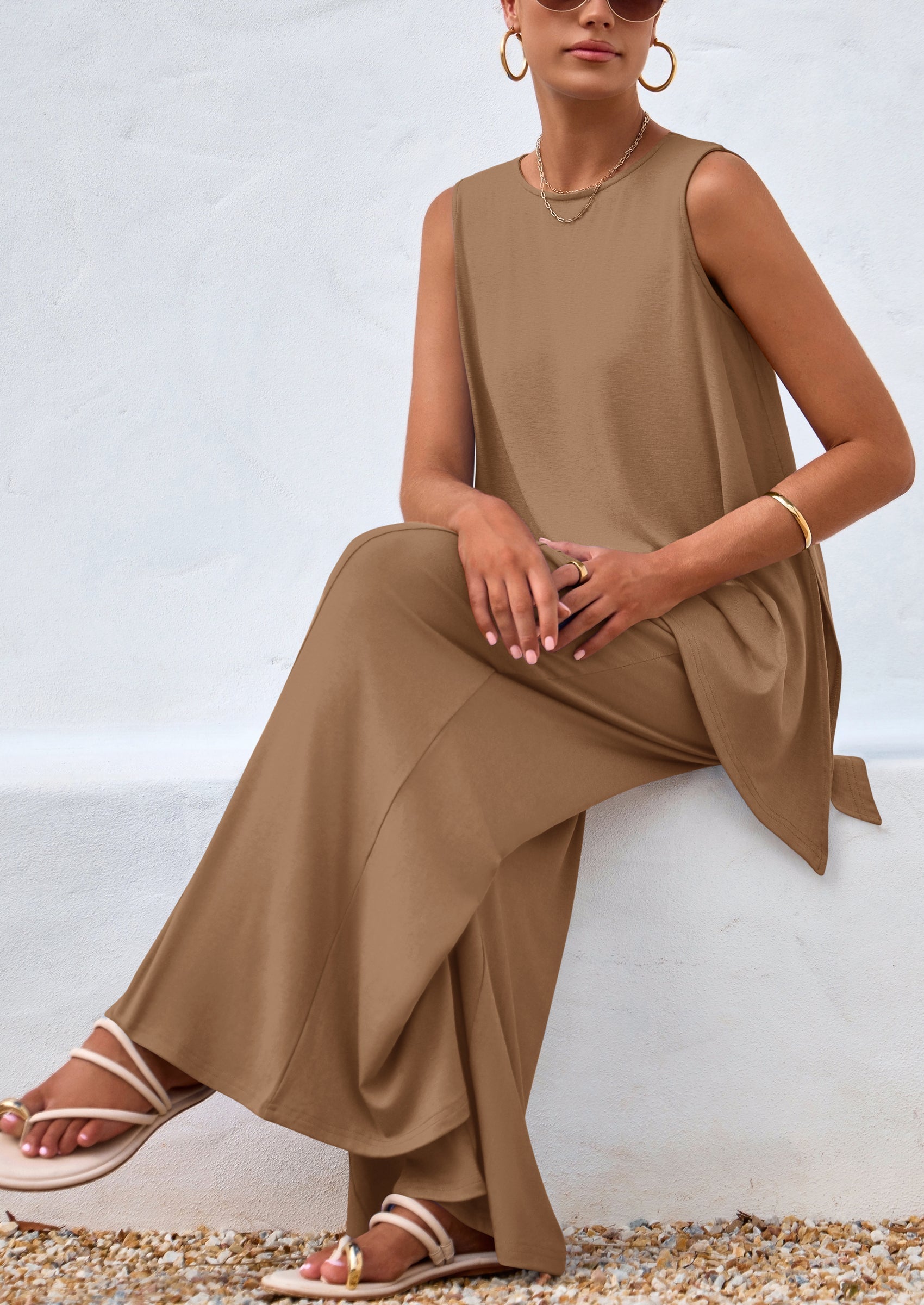 Osonn Women's Two Piece Matching Lounge Sets Asymmetrical Split Tank Tops Wide Leg Pants Summer Outfits Tracksuit