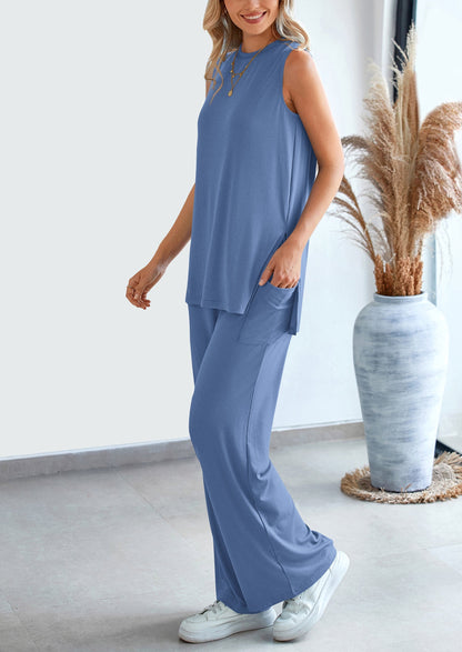Osonn 2 Piece Set Loose Tank Top Wide Leg Pants Casual Matching Outfits Tracksuit