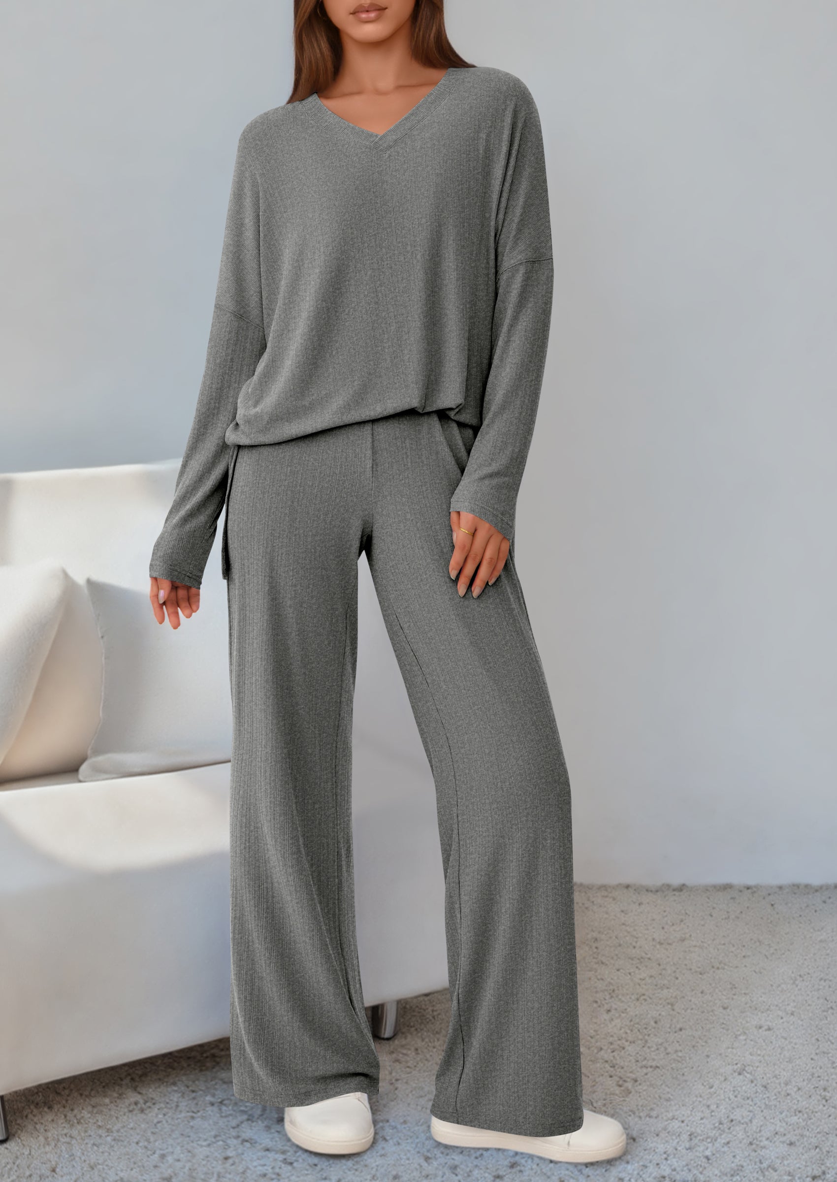 Osonn 2 Piece Lounge Sets for Women Fall Outfits Casual Loose Long Sleeve Tops Wide Leg Pants Matching Pajama Set