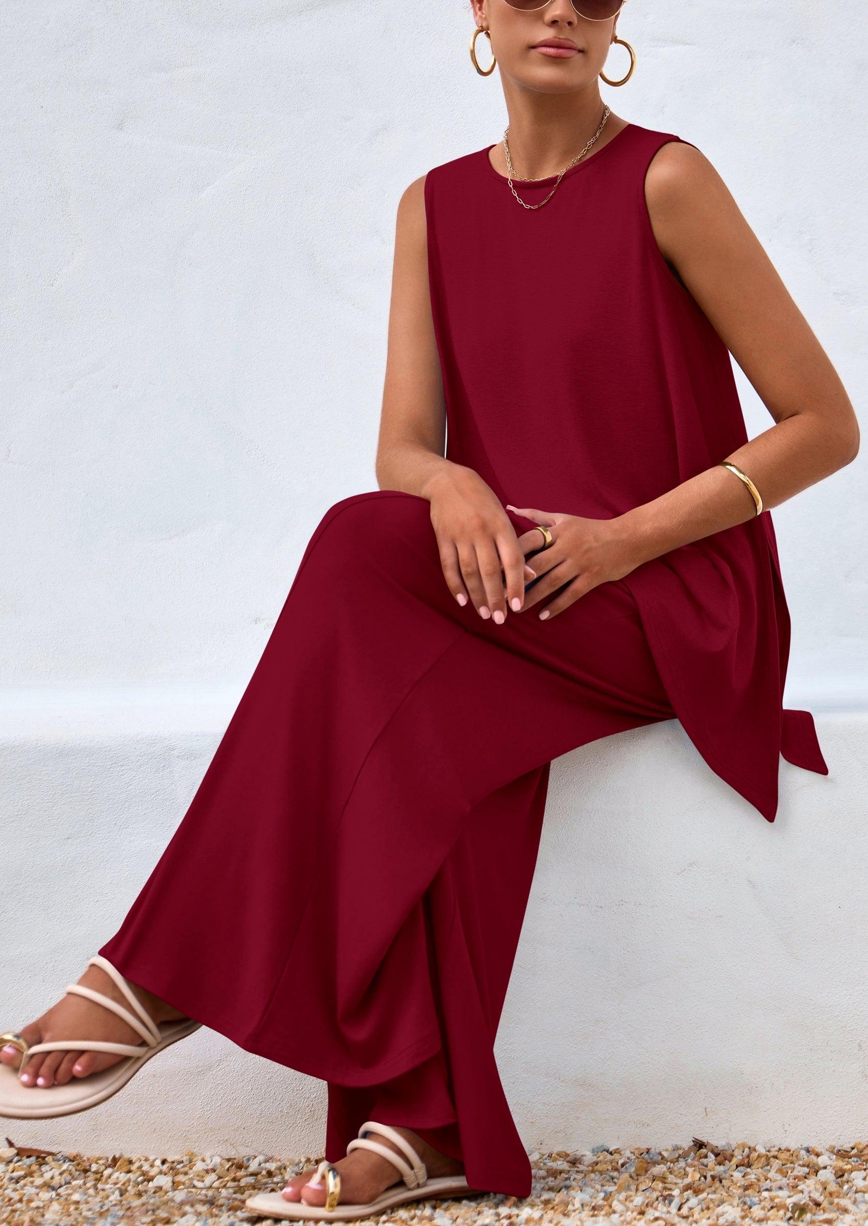 Osonn Women's Two Piece Matching Lounge Sets Asymmetrical Split Tank Tops Wide Leg Pants Summer Outfits Tracksuit