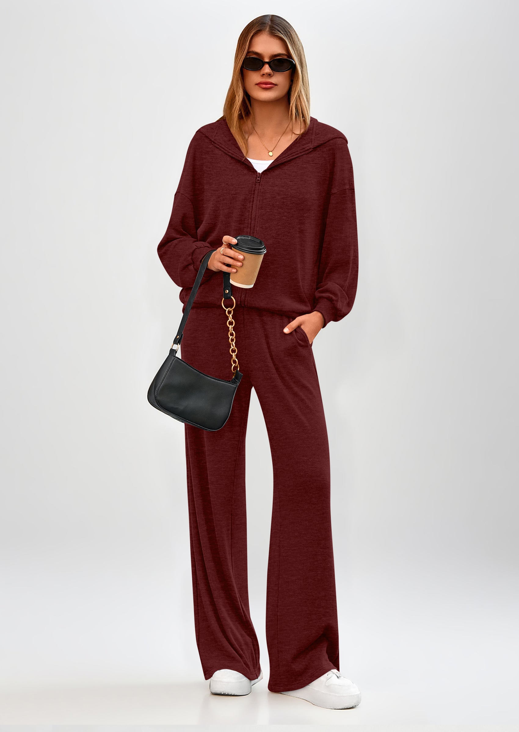 Osonn Women's 2 Piece Fall Lounge Sets Zip Up Hoodie Wide Leg Pants Tracksuit Matching Travel Outfits Clothes