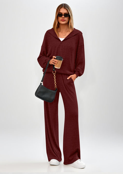 Osonn Women's 2 Piece Fall Lounge Sets Zip Up Hoodie Wide Leg Pants Tracksuit Matching Travel Outfits Clothes