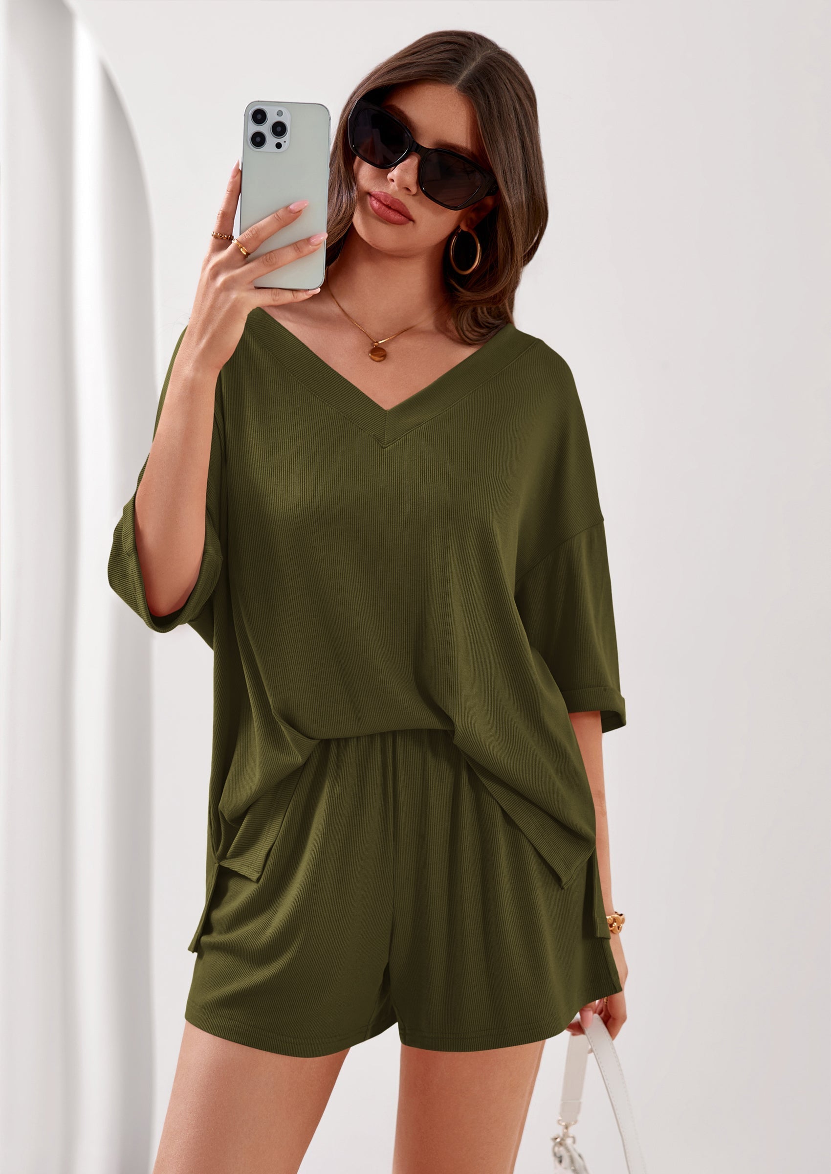 Osonn Womens 2 Piece Sets Oversized Vneck Half Sleeve Tops Shorts Lounge Set Casual Summer Travel Beach Outfits