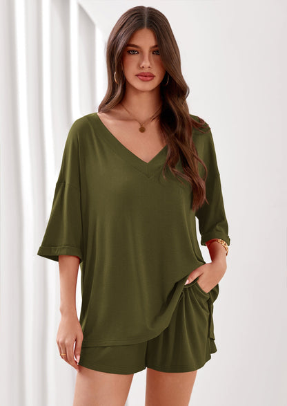 Osonn Womens 2 Piece Sets Oversized Vneck Half Sleeve Tops Shorts Lounge Set Casual Summer Travel Beach Outfits