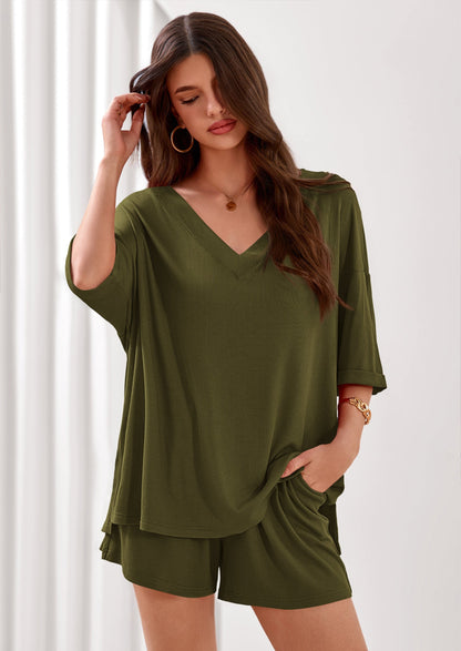 Osonn Womens 2 Piece Sets Oversized Vneck Half Sleeve Tops Shorts Lounge Set Casual Summer Travel Beach Outfits