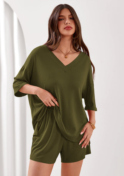 Osonn Womens 2 Piece Sets Oversized Vneck Half Sleeve Tops Shorts Lounge Set Casual Summer Travel Beach Outfits