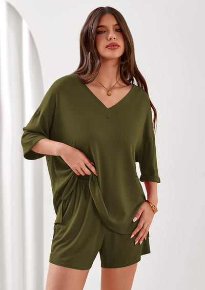 Osonn Womens 2 Piece Sets Oversized Vneck Half Sleeve Tops Shorts Lounge Set Casual Summer Travel Beach Outfits