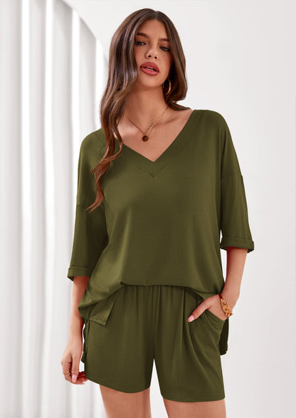 Osonn Womens 2 Piece Sets Oversized Vneck Half Sleeve Tops Shorts Lounge Set Casual Summer Travel Beach Outfits