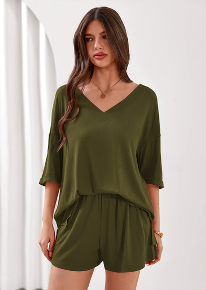 Osonn Womens 2 Piece Sets Oversized Vneck Half Sleeve Tops Shorts Lounge Set Casual Summer Travel Beach Outfits