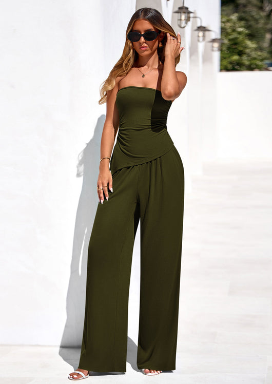 Osonn Summer Sets Women 2 Piece Outfits Asymmetrical Tube Tops and Pants Beach Vacation Airport Matching Lounge Set