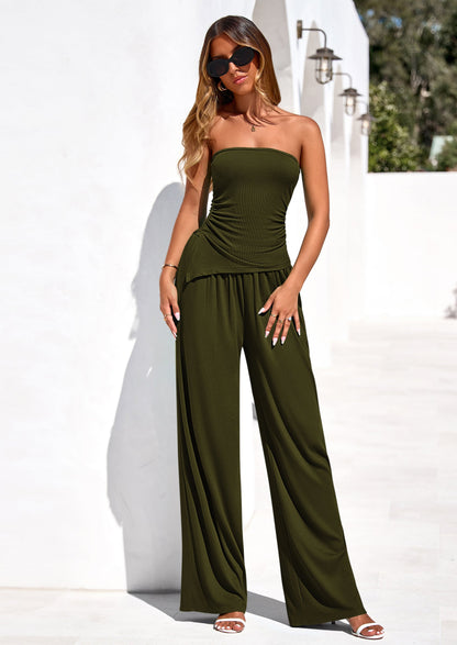 Osonn Summer Sets Women 2 Piece Outfits Asymmetrical Tube Tops and Pants Beach Vacation Airport Matching Lounge Set