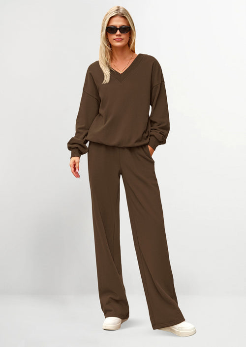 Osonn Casual Winter Two Piece Sets for Women V Neck Sweatshirt Loose Wide Leg Pants Tracksuit Knit Fall Outfits