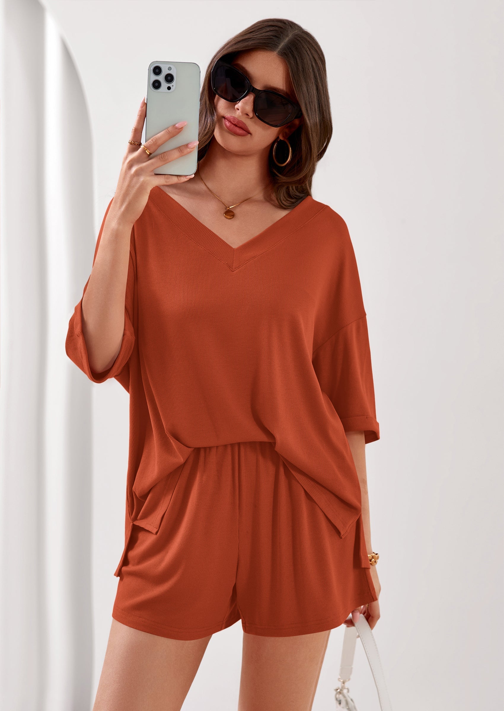 Osonn Womens 2 Piece Sets Oversized Vneck Half Sleeve Tops Shorts Lounge Set Casual Summer Travel Beach Outfits