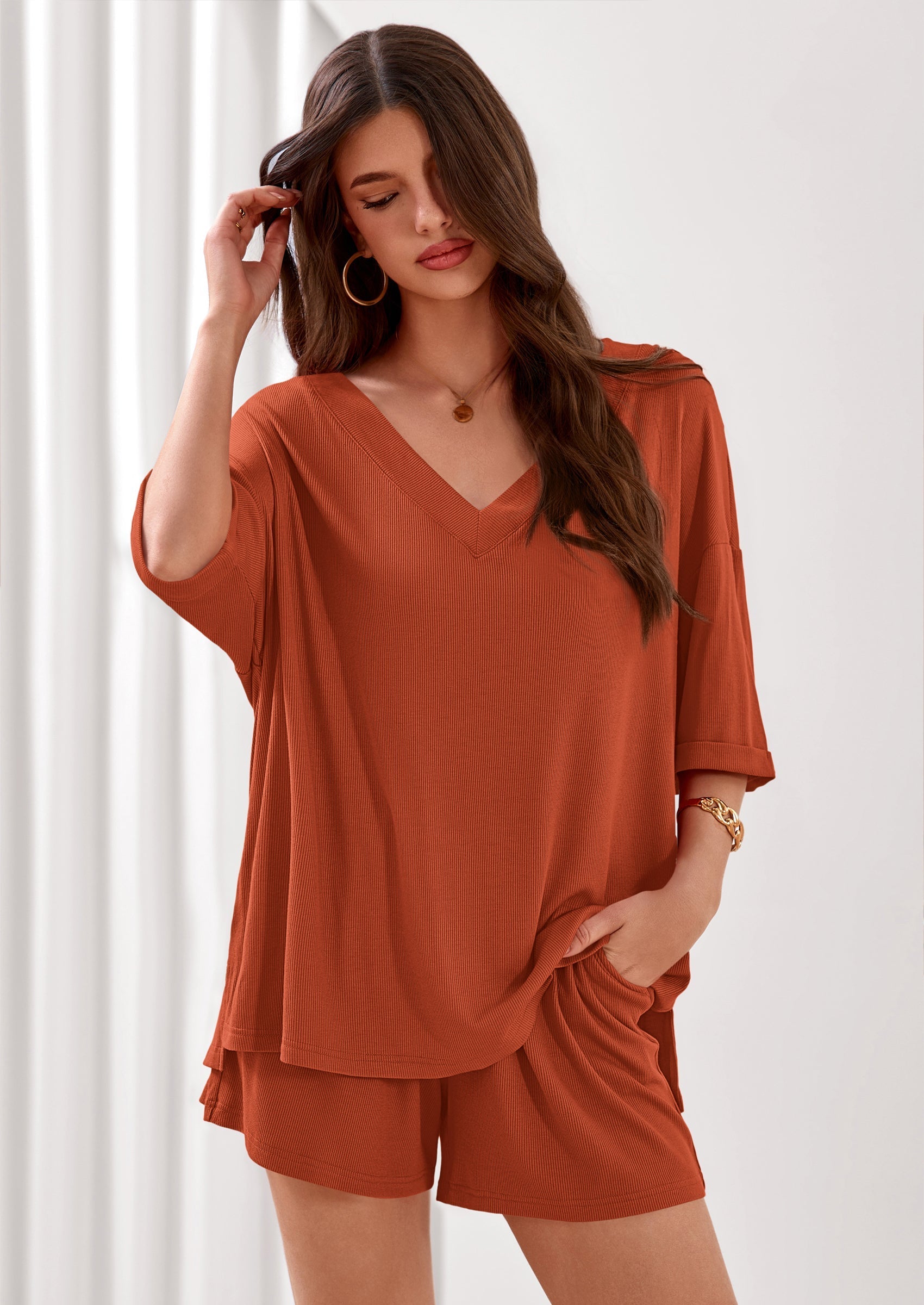Osonn Womens 2 Piece Sets Oversized Vneck Half Sleeve Tops Shorts Lounge Set Casual Summer Travel Beach Outfits