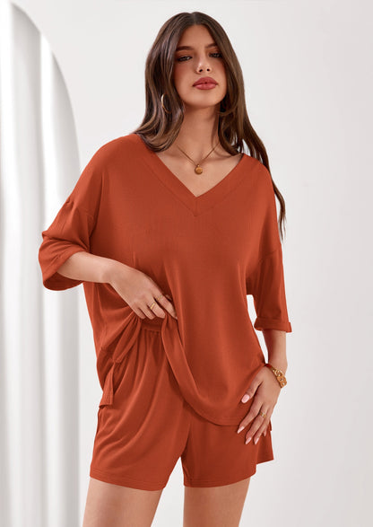 Osonn Womens 2 Piece Sets Oversized Vneck Half Sleeve Tops Shorts Lounge Set Casual Summer Travel Beach Outfits
