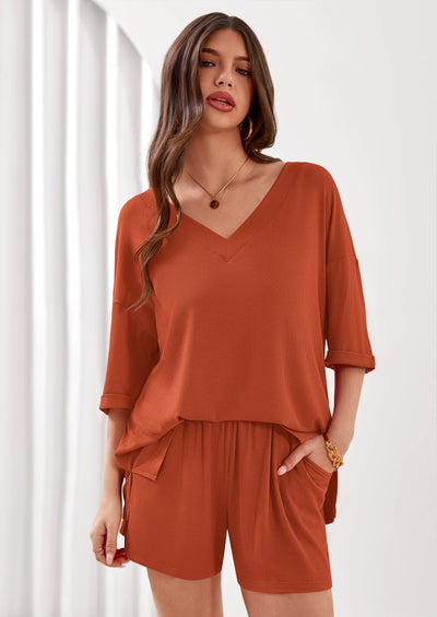Osonn Womens 2 Piece Sets Oversized Vneck Half Sleeve Tops Shorts Lounge Set Casual Summer Travel Beach Outfits