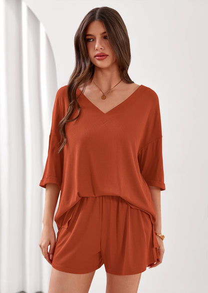 Osonn Womens 2 Piece Sets Oversized Vneck Half Sleeve Tops Shorts Lounge Set Casual Summer Travel Beach Outfits