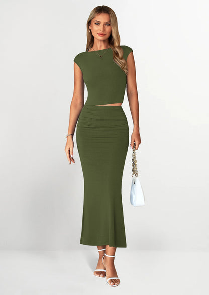 Osonn Summer 2 Piece Sets for Women Going Out Casual Cap Sleeve Crop Tops Ruched Maxi Long Skirts Spring Outfits