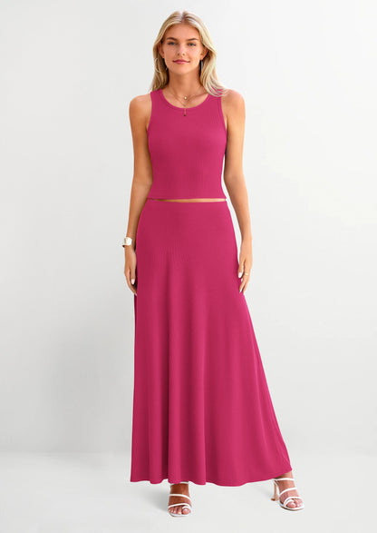 Osonn 2 Piece Maxi Skirt Sets Casual Knit Cropped Tank Top High Waisted Long Skirts Outfit
