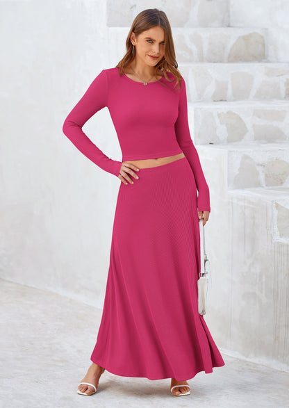 Osonn 2 Piece Casual Ribbed Knit Long Sleeve Crop Tops Maxi Flowy Skirts Matching Sets