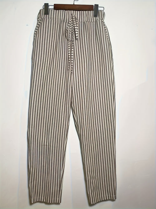 Women's Striped Wide-Leg Casual Pants - High-Waisted, Lightweight Polyester, Machine Washable, All-Season Comfort with Side Stripe Detail