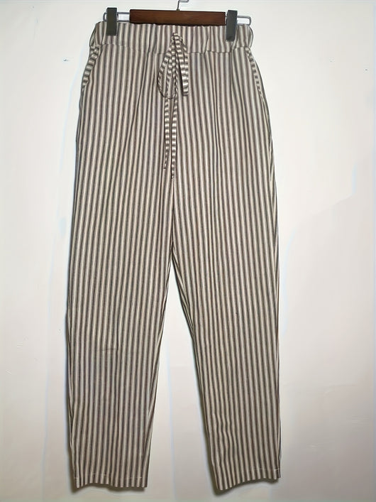 Women's Striped Wide-Leg Casual Pants - High-Waisted, Lightweight Polyester, Machine Washable, All-Season Comfort with Side Stripe Detail