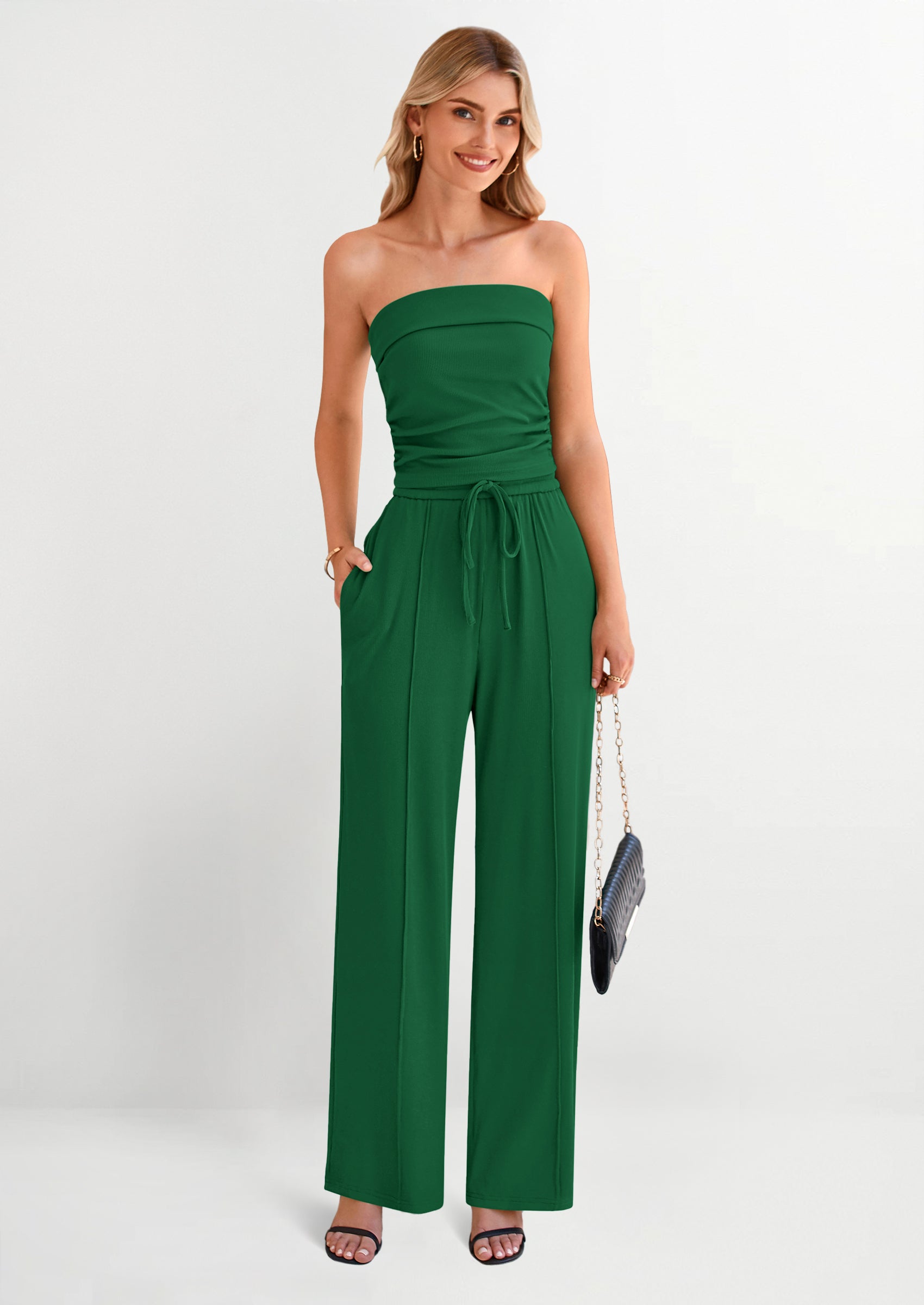 Osonn 2 Piece Sets Casual Ribbed Knit Crop Tube Top Wide Leg Pants Lounge Set