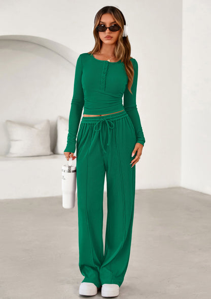 Osonn Women's Fall Trendy 2 Piece Outfits Lounge Sets Long Sleeve Top Henley Shirts Wide Leg Pants Travel Clothes
