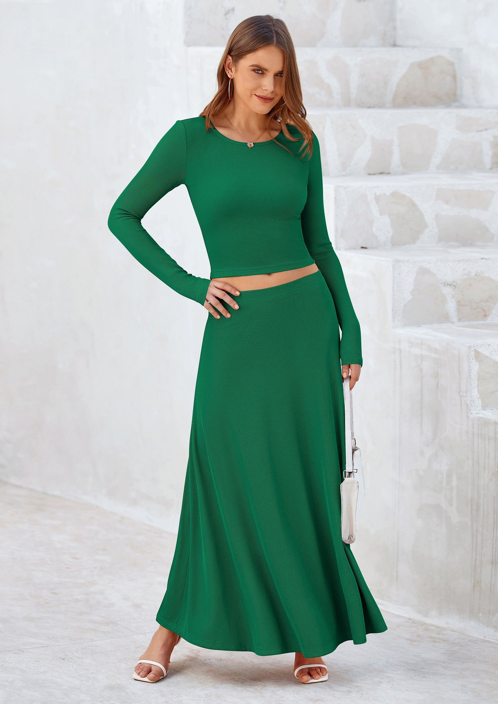 Osonn 2 Piece Casual Ribbed Knit Long Sleeve Crop Tops Maxi Flowy Skirts Matching Sets