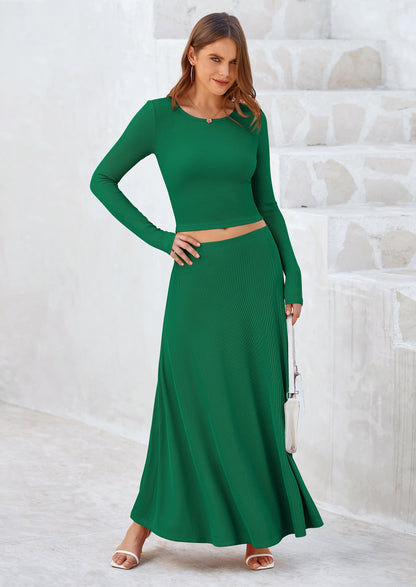 Osonn 2 Piece Casual Ribbed Knit Long Sleeve Crop Tops Maxi Flowy Skirts Matching Sets