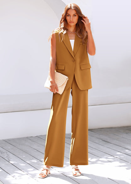 Osonn Women's 2 Piece Outfits Sleeveless Suit Vest and Wide Leg Pants Business Casual Blazer Sets