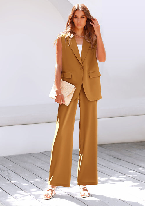 Osonn Women's 2 Piece Outfits Sleeveless Suit Vest and Wide Leg Pants Business Casual Blazer Sets