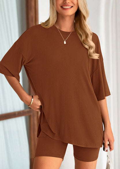 Osonn Women's Two Piece Lounge Set Summer Casual Oversized Shirts Biker Shorts Matching Airport Travel Outfit