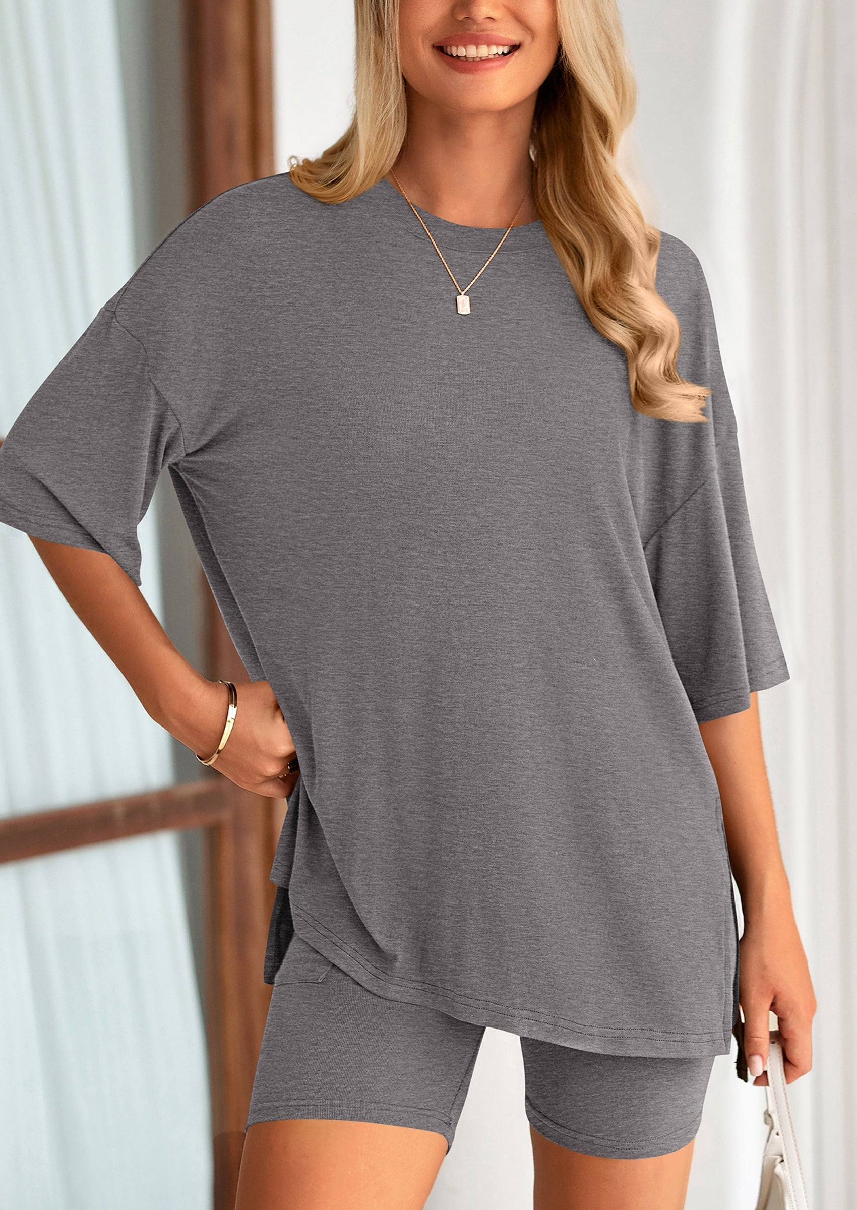 Osonn Women's Two Piece Lounge Set Summer Casual Oversized Shirts Biker Shorts Matching Airport Travel Outfit