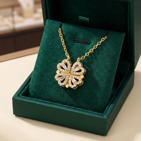 Golden Clover Necklace with Zircon Stone Heart Pendant — image 1
