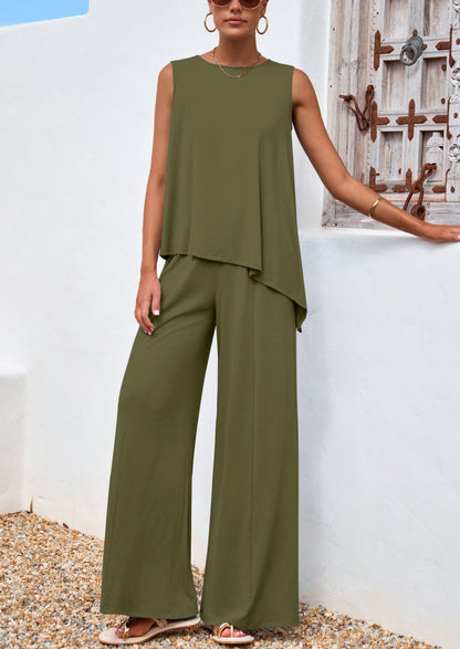 Osonn Women's Two Piece Matching Lounge Sets Asymmetrical Split Tank Tops Wide Leg Pants Summer Outfits Tracksuit