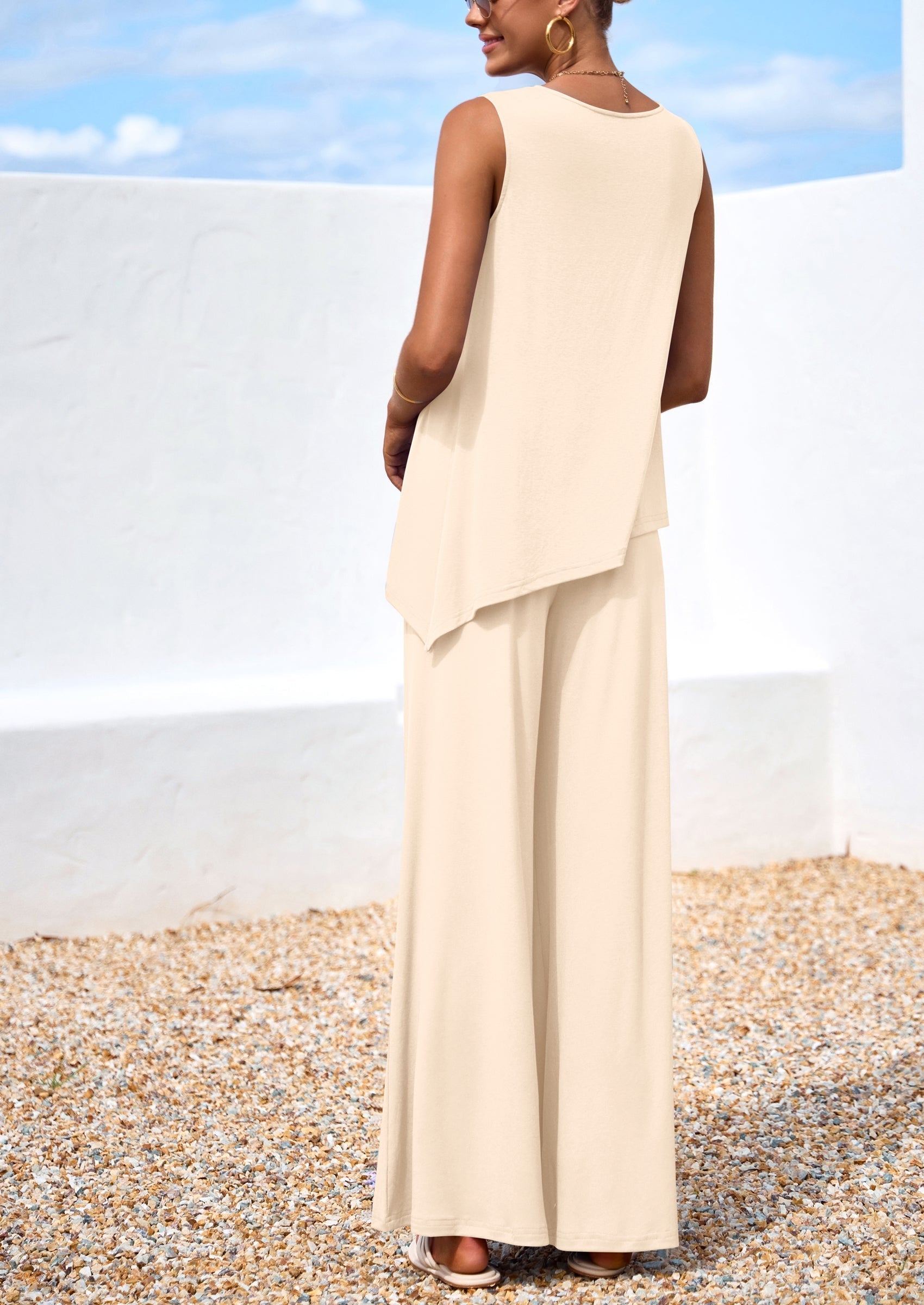 Osonn Women's Two Piece Matching Lounge Sets Asymmetrical Split Tank Tops Wide Leg Pants Summer Outfits Tracksuit