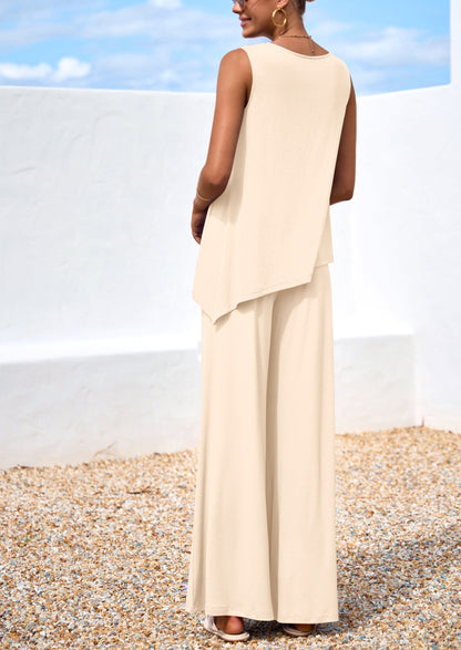 Osonn Women's Two Piece Matching Lounge Sets Asymmetrical Split Tank Tops Wide Leg Pants Summer Outfits Tracksuit