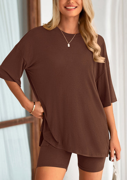 Osonn Women's Two Piece Lounge Set Summer Casual Oversized Shirts Biker Shorts Matching Airport Travel Outfit
