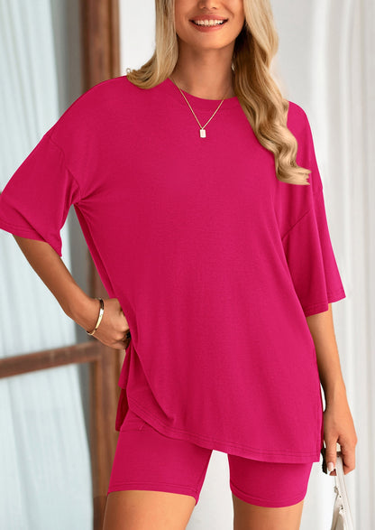 Osonn Women's Two Piece Lounge Set Summer Casual Oversized Shirts Biker Shorts Matching Airport Travel Outfit
