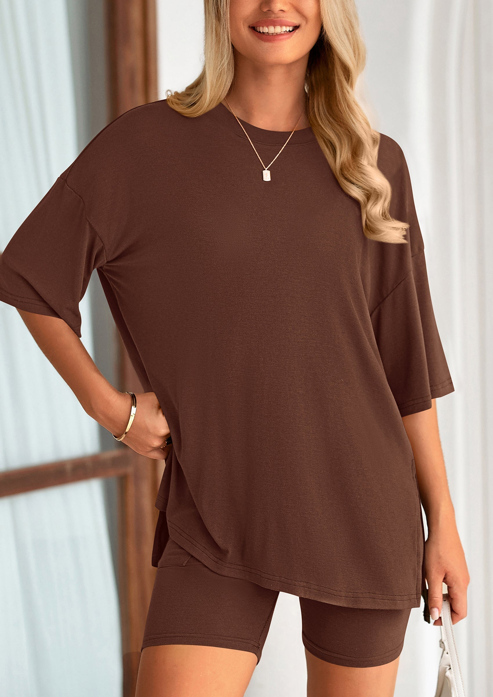 Osonn Women's Two Piece Lounge Set Summer Casual Oversized Shirts Biker Shorts Matching Airport Travel Outfit