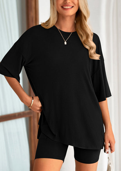 Osonn Women's Two Piece Lounge Set Summer Casual Oversized Shirts Biker Shorts Matching Airport Travel Outfit